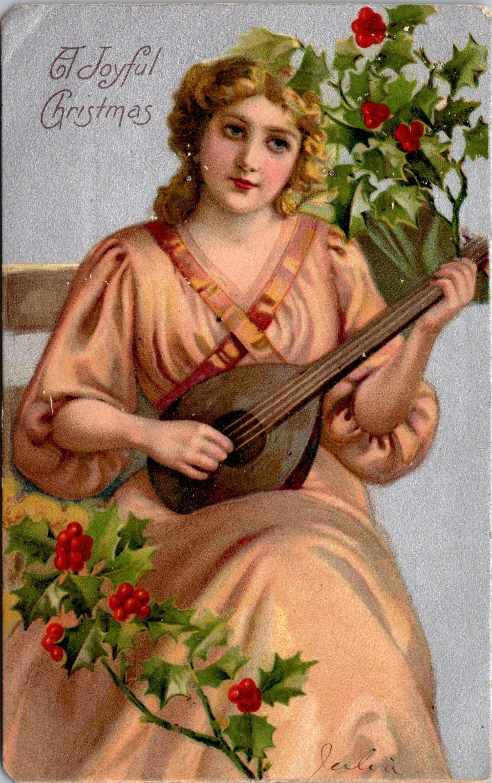 A Joyful Christmas Girl With Lute Guitar Postcard c1906 Posted