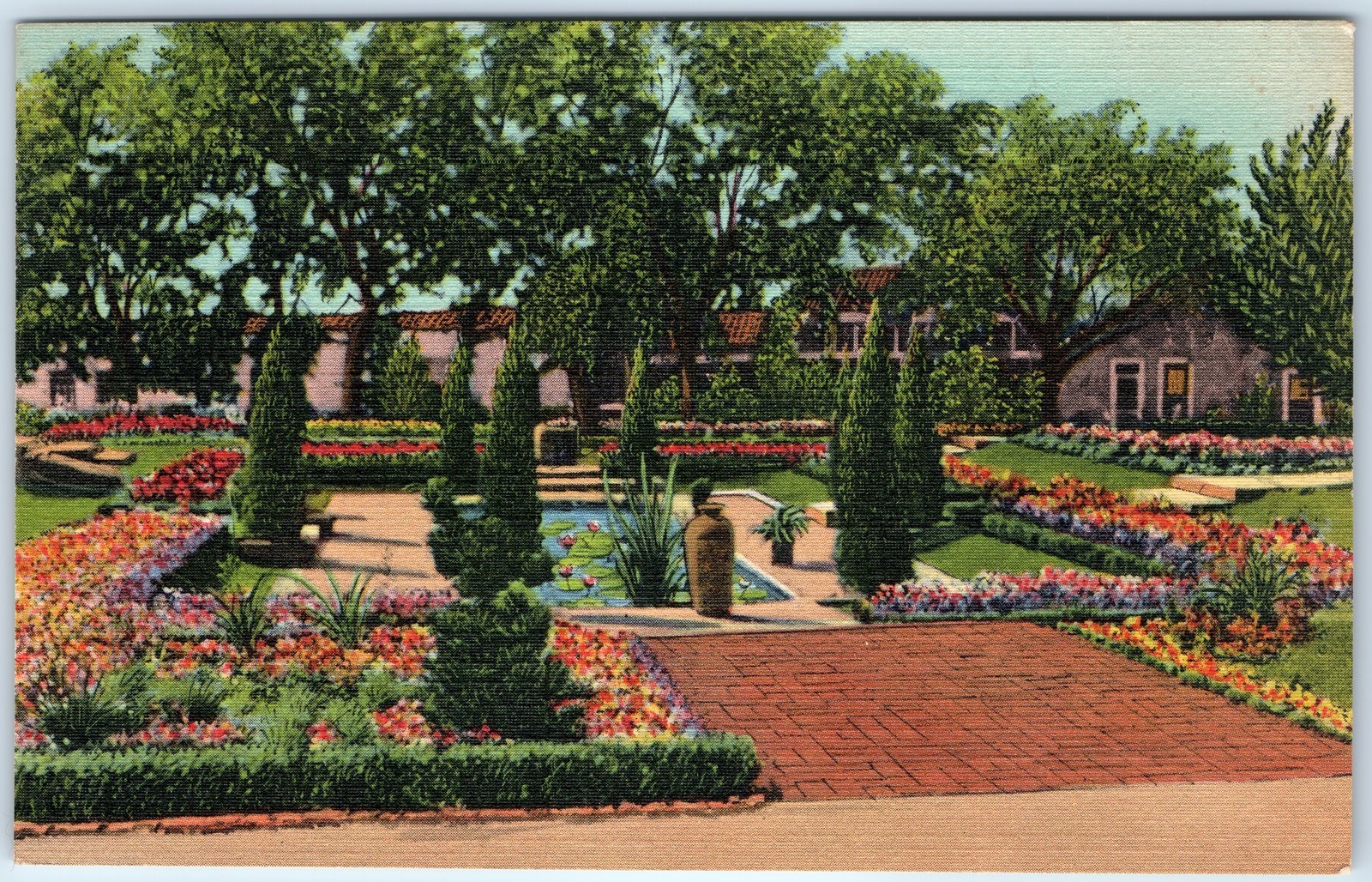 c1940s Santa Fe, NM Sunken Garden Lily Pool Governor’s Mansion House Linen A328