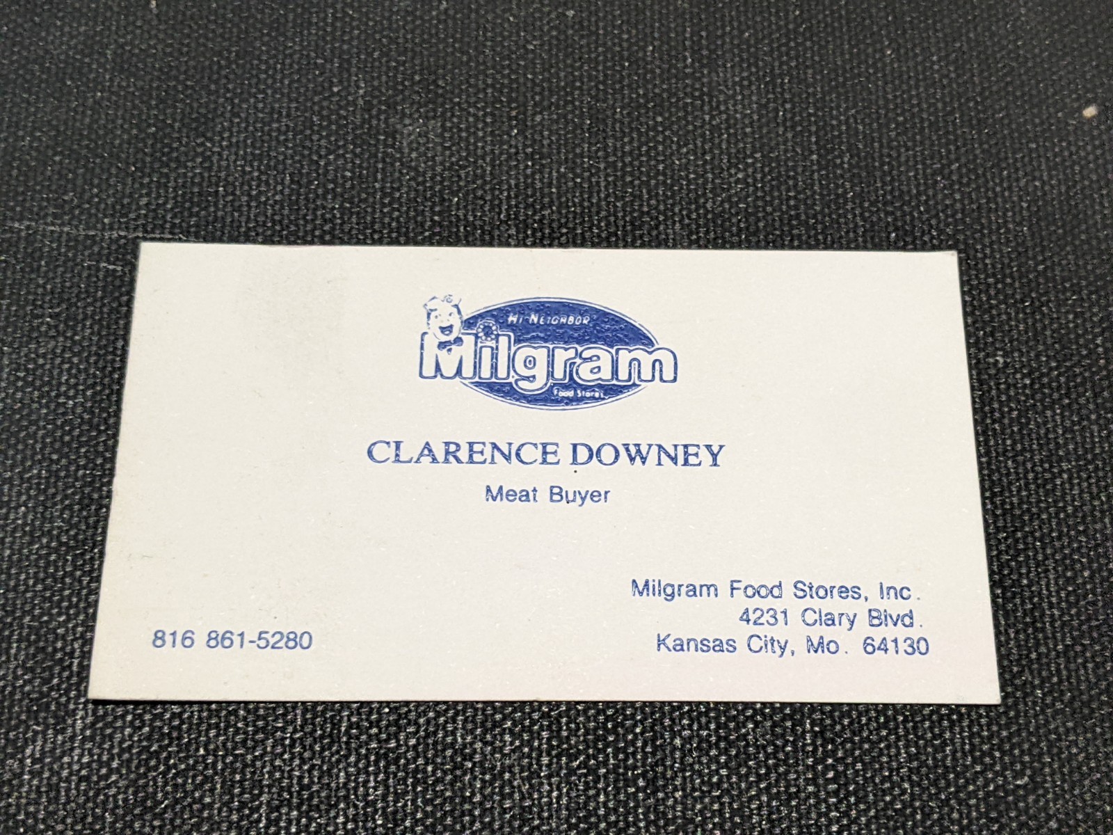 Vintage Milgram Food Stores, Meat buyer Business card, Kansas City Missouri