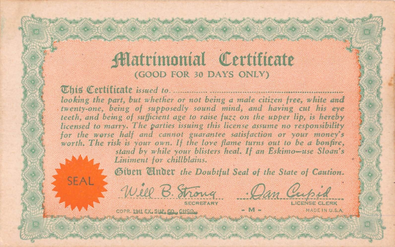 1941 Arcade Card for a Matrimonial Certificate-Good For 30 Days Only