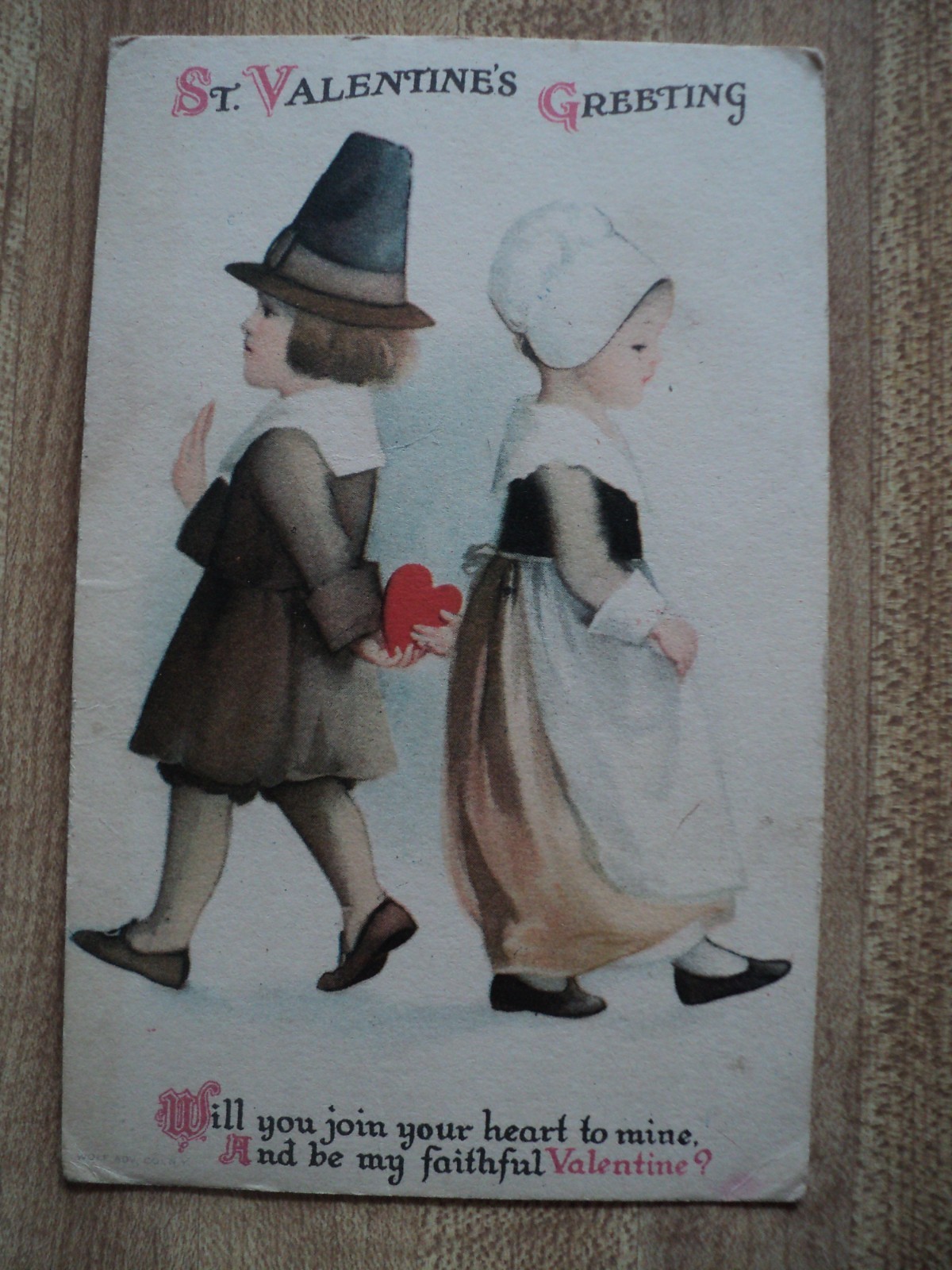 VALENTINE’s Day Young early Pilgrim Couple vintage Wolf 1502 Clapsaddle Postcard