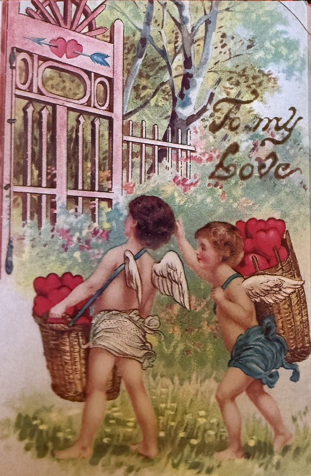 Vintage Inspired To My Love Cupids Basket Heart #4770 Postcard Ephemera Tag Card