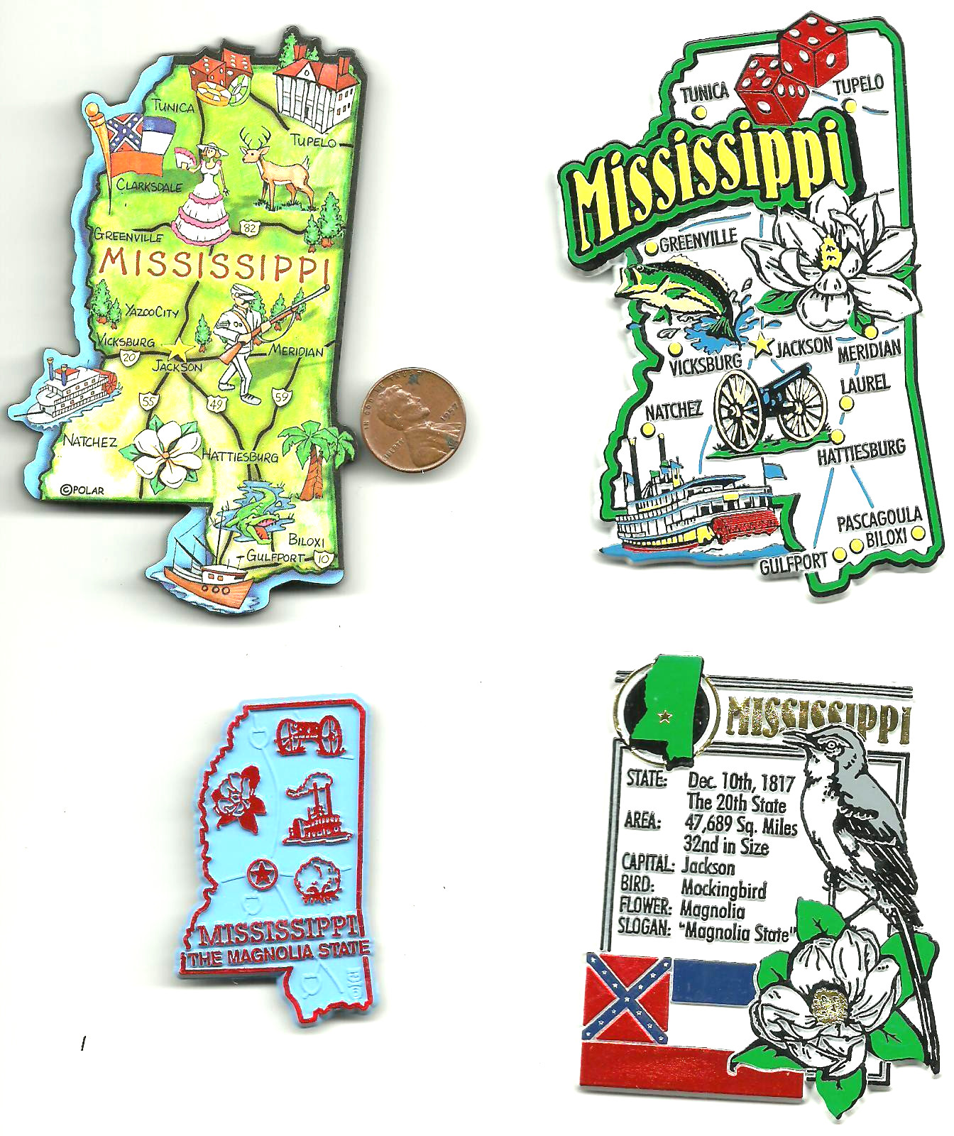 MISSISSIPPI JUMBO STATE MAP MAGNET 7 COLOR JACKSON, GULFPORT, NATCHEZ