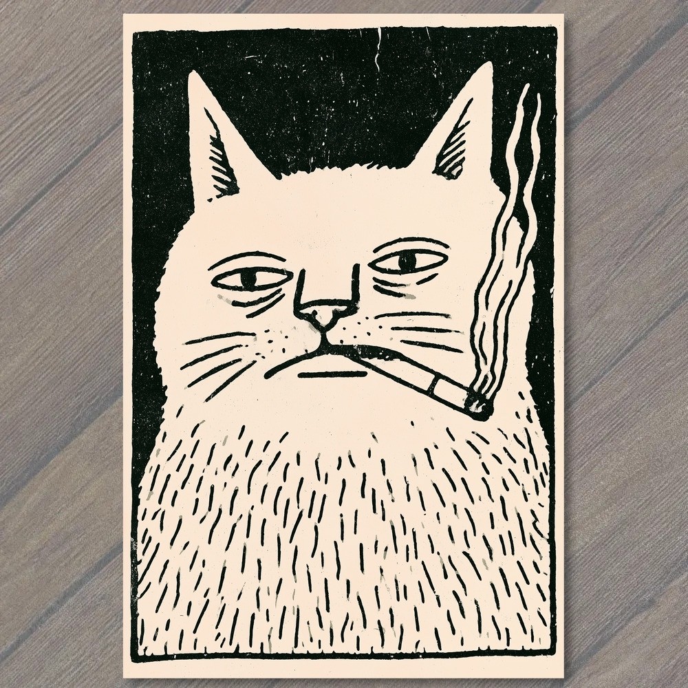 POSTCARD Large Cat Smoking Cigarette Black White Bold Lines Weird Odd Strange
