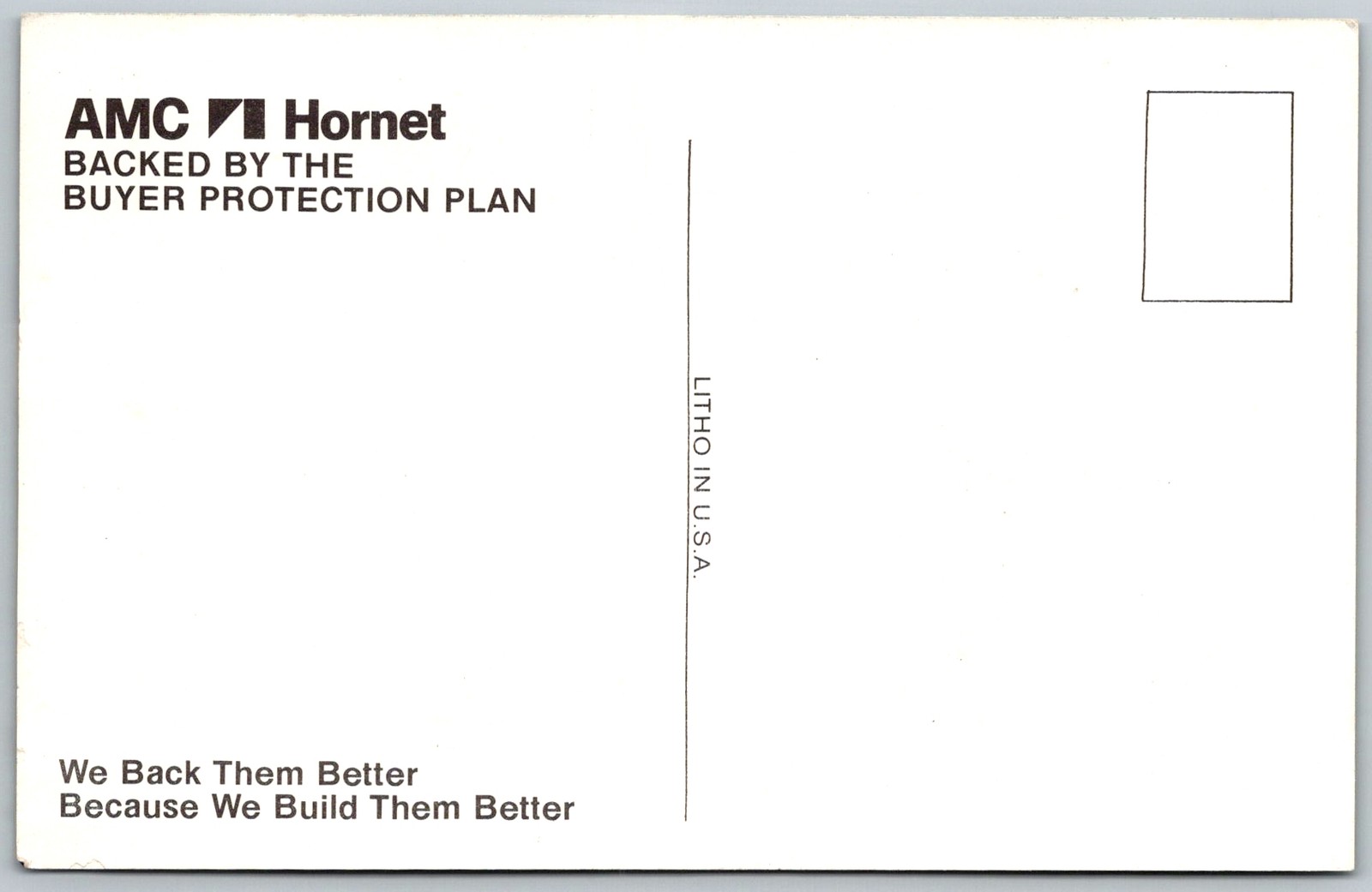 Vtg Postcard Amc Hornet Hatchback and Buyer Protection Plan Promotion 1970s