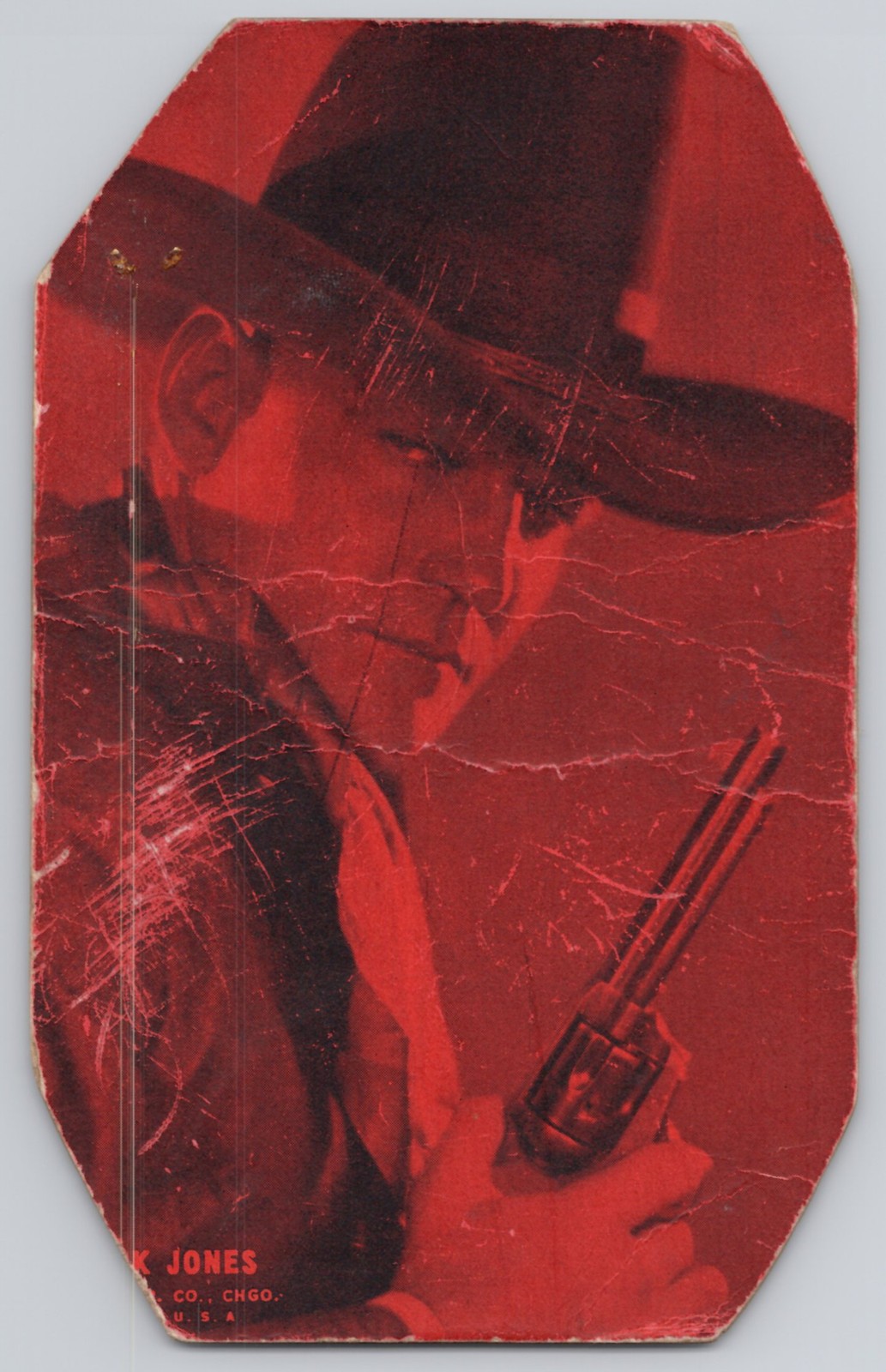 Chicago, USA cowboy actor portrait holding revolver, red-tinted die-cut, Linen
