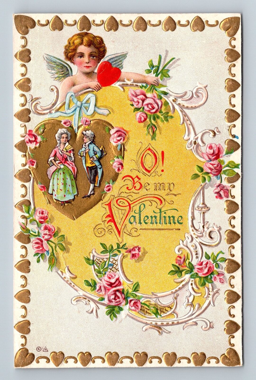 O! Be My Valentine Gold Heart Fancy Border Cupid Roses Vintage Valentine’s Day