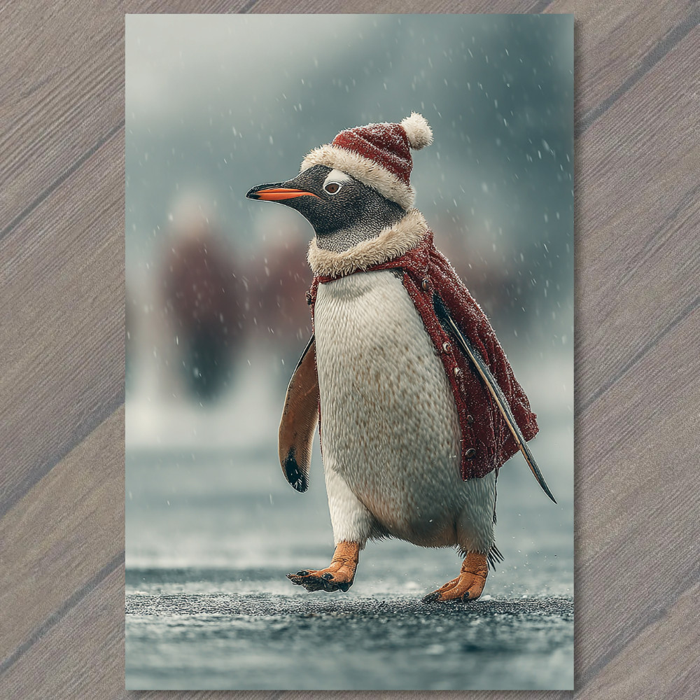 POSTCARD Penguin Santa Coat Snowfall Holiday Winter Cheerful Spirit
