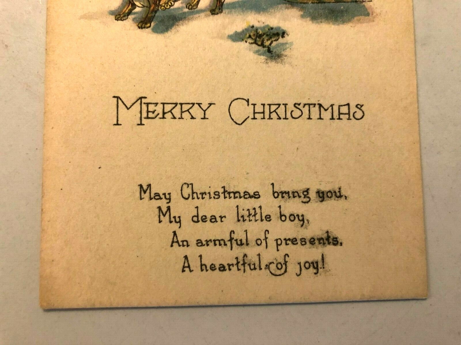 Postcard Merry Christmas Dog Pulling Holly Sled Kid Christmas Tree Winter Scene