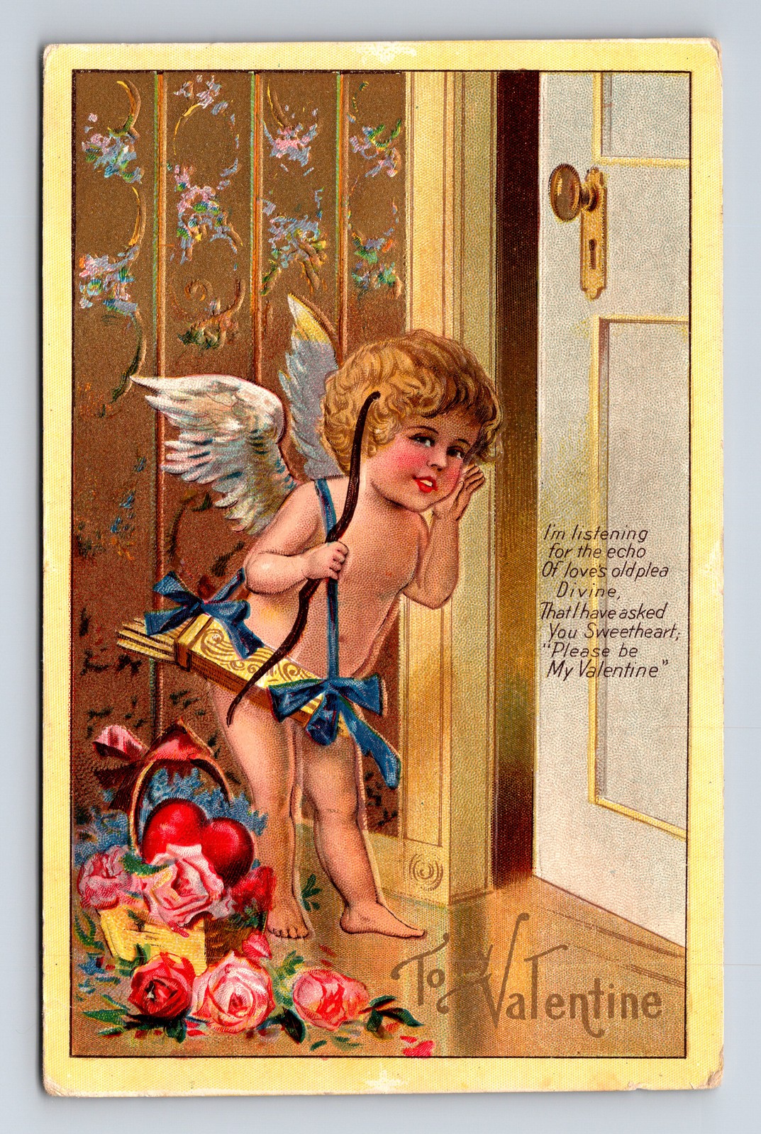 Valentine’s Day Cupid Listening at Doorway Eavesdropping Echo Gold Postcard