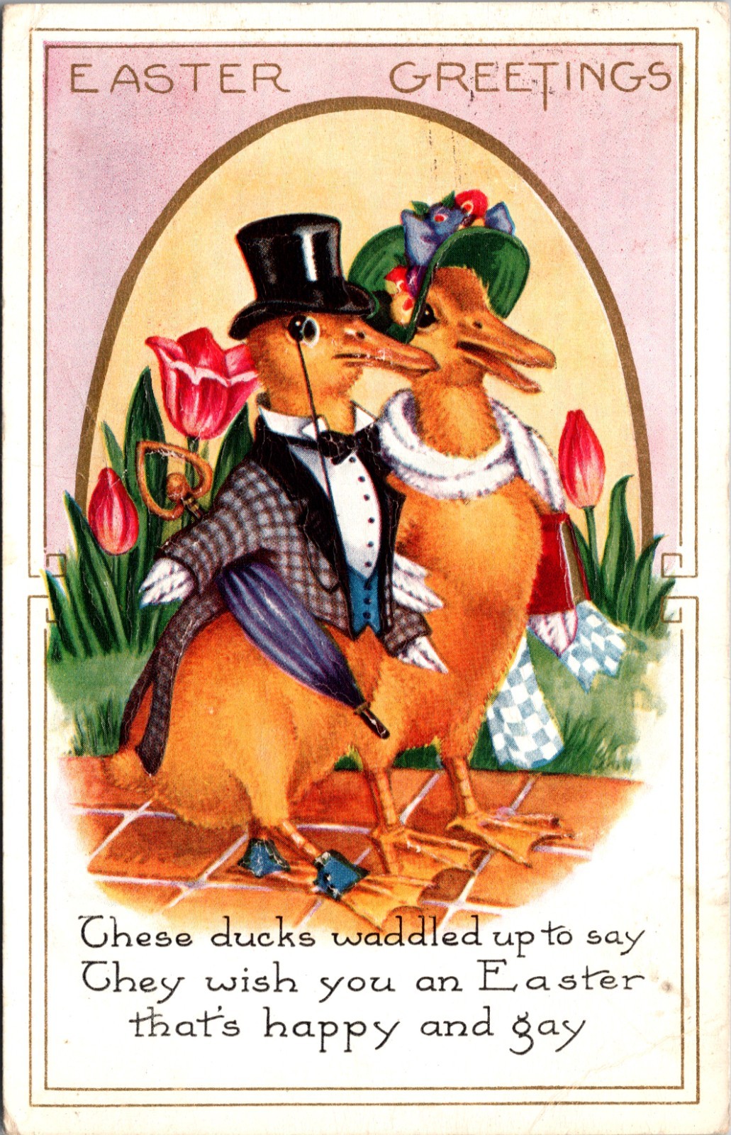 1929 Easter Postcard Dressed Ducks with Tulips – Whitney Made USA