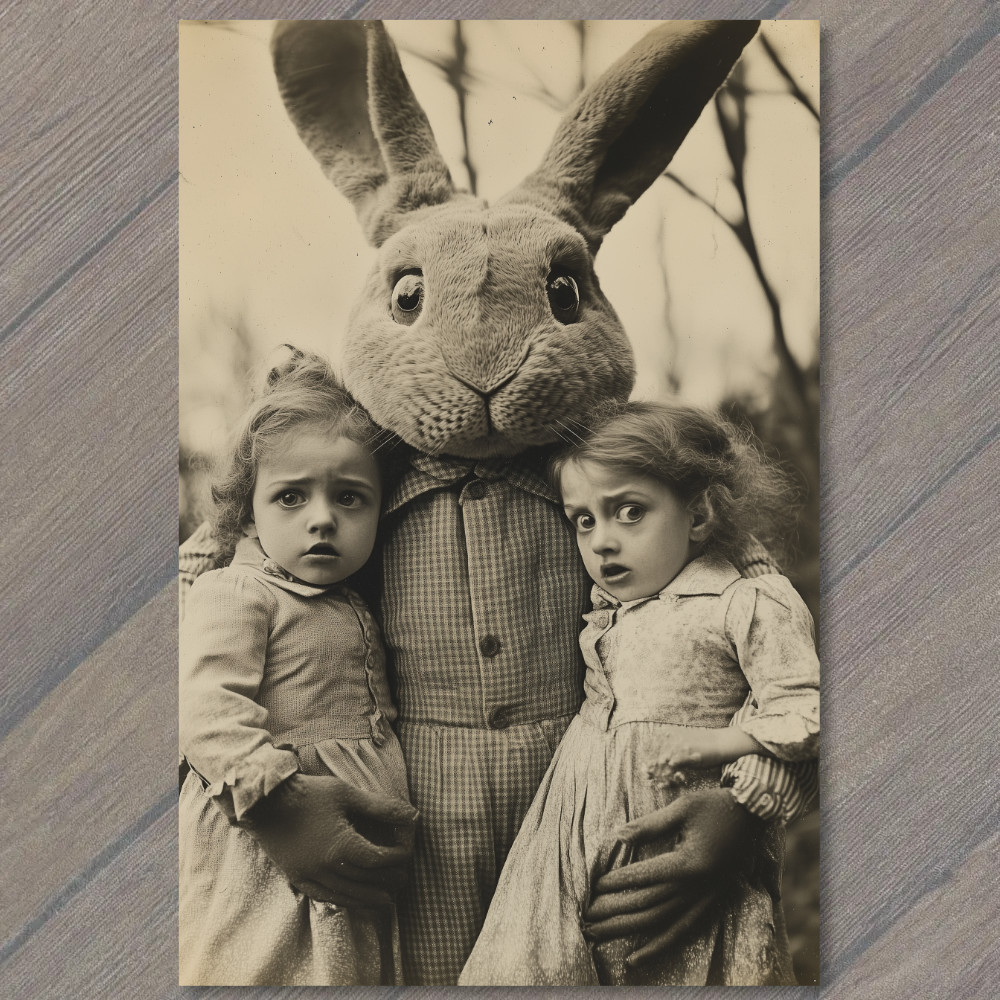 POSTCARD Spooky Easter Bunny Twins Retro Outfit Haunting Weird Strange Bizarre