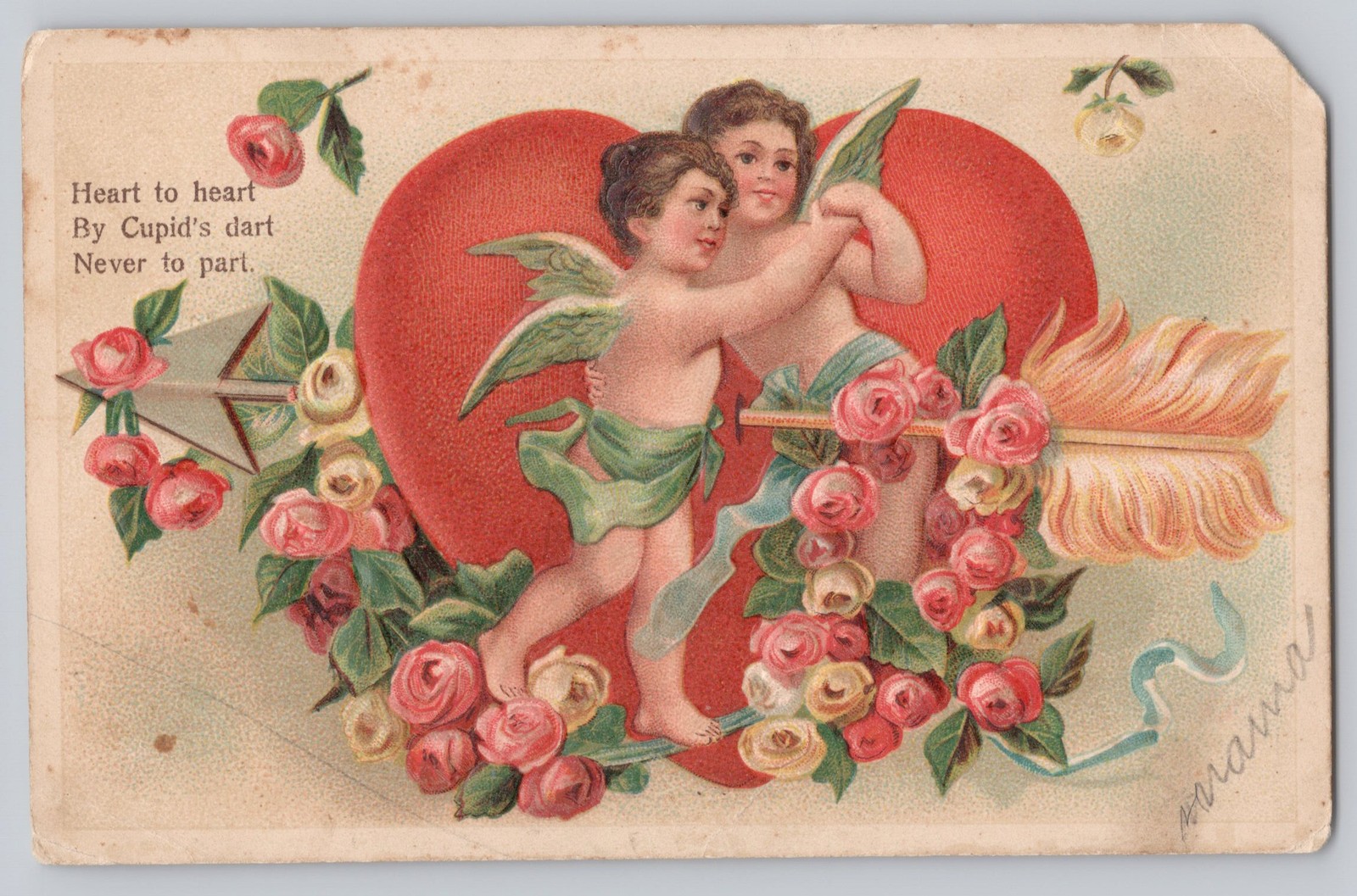 Antique Valentine’s Day Postcard Two Cupids Heart Roses Arrow Unposted c.1910