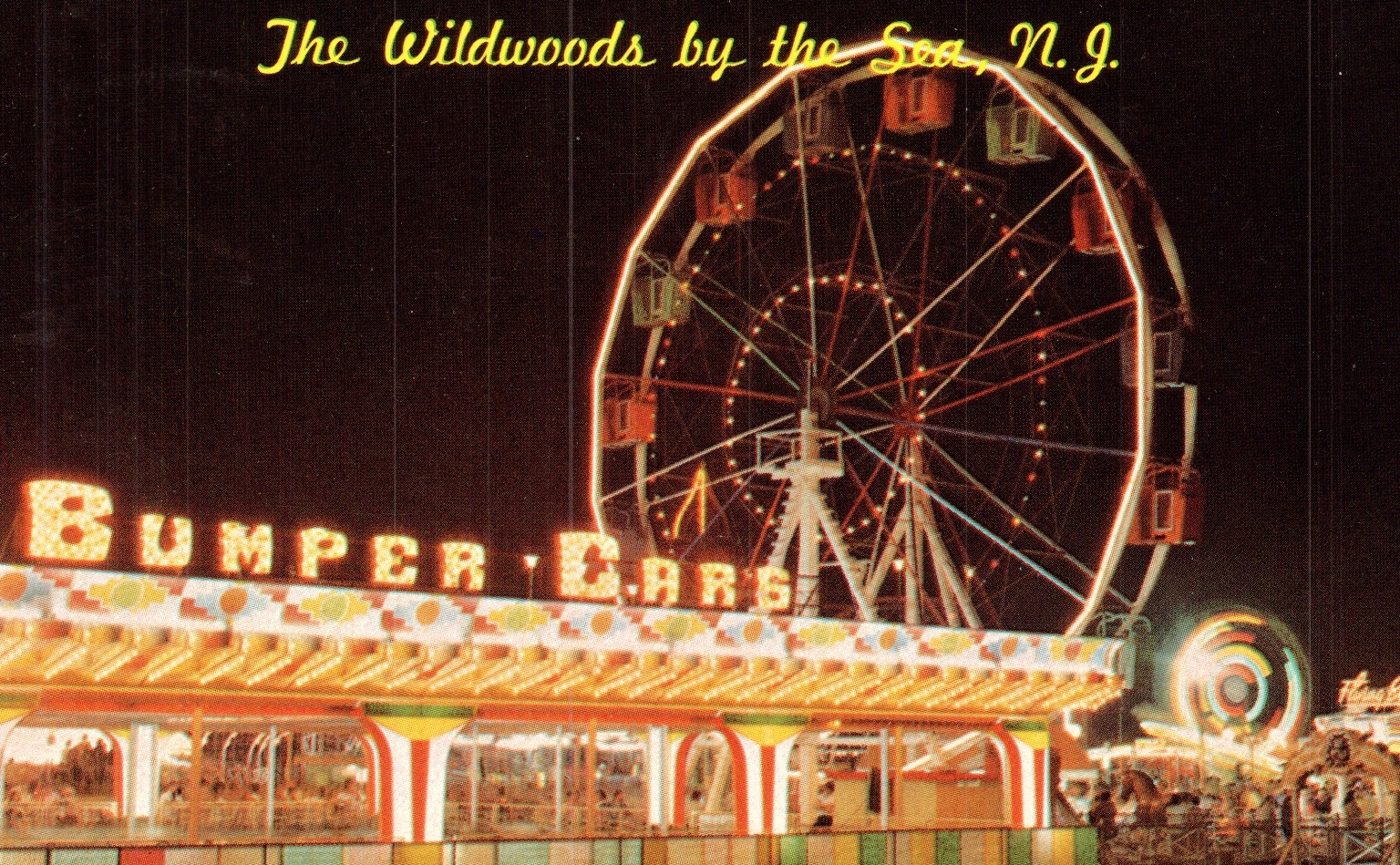 Wildwood New Jersey Marine Pier Night Scene Ferris Wheel Bumper Cars Postcard