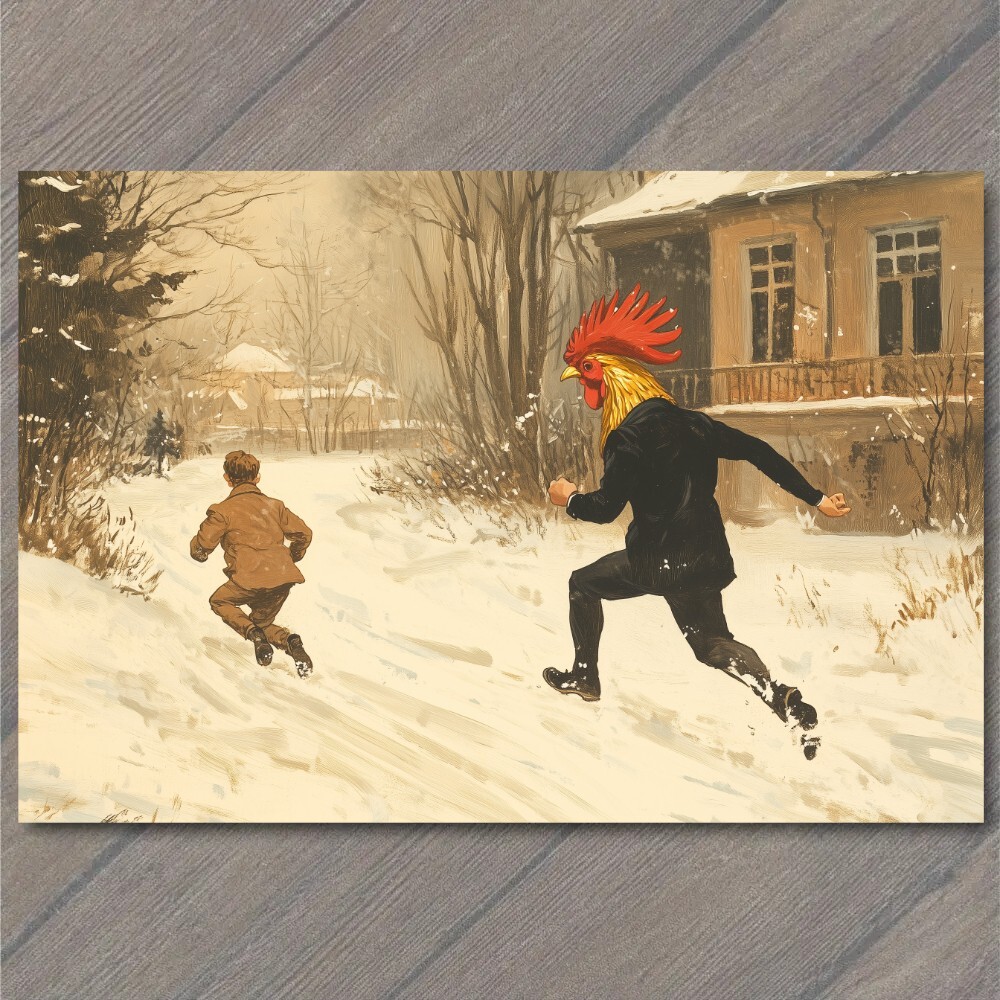 POSTCARD Rooster Head Man Chicken Boy Snow Humor Animal Suit Weird Strange Odd