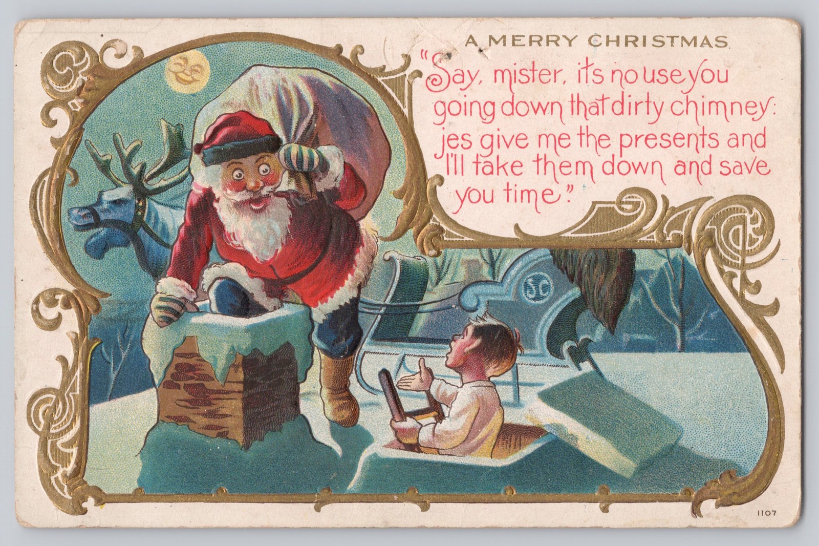 Vintage Christmas Postcard Santa Claus & Boy Chimney Humor Comic Antique