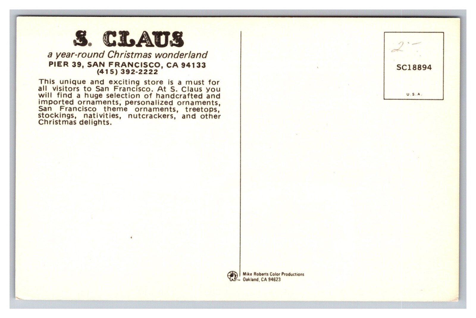 San Francisco California S. Claus Year Round Christmas Wonderland Store Postcard
