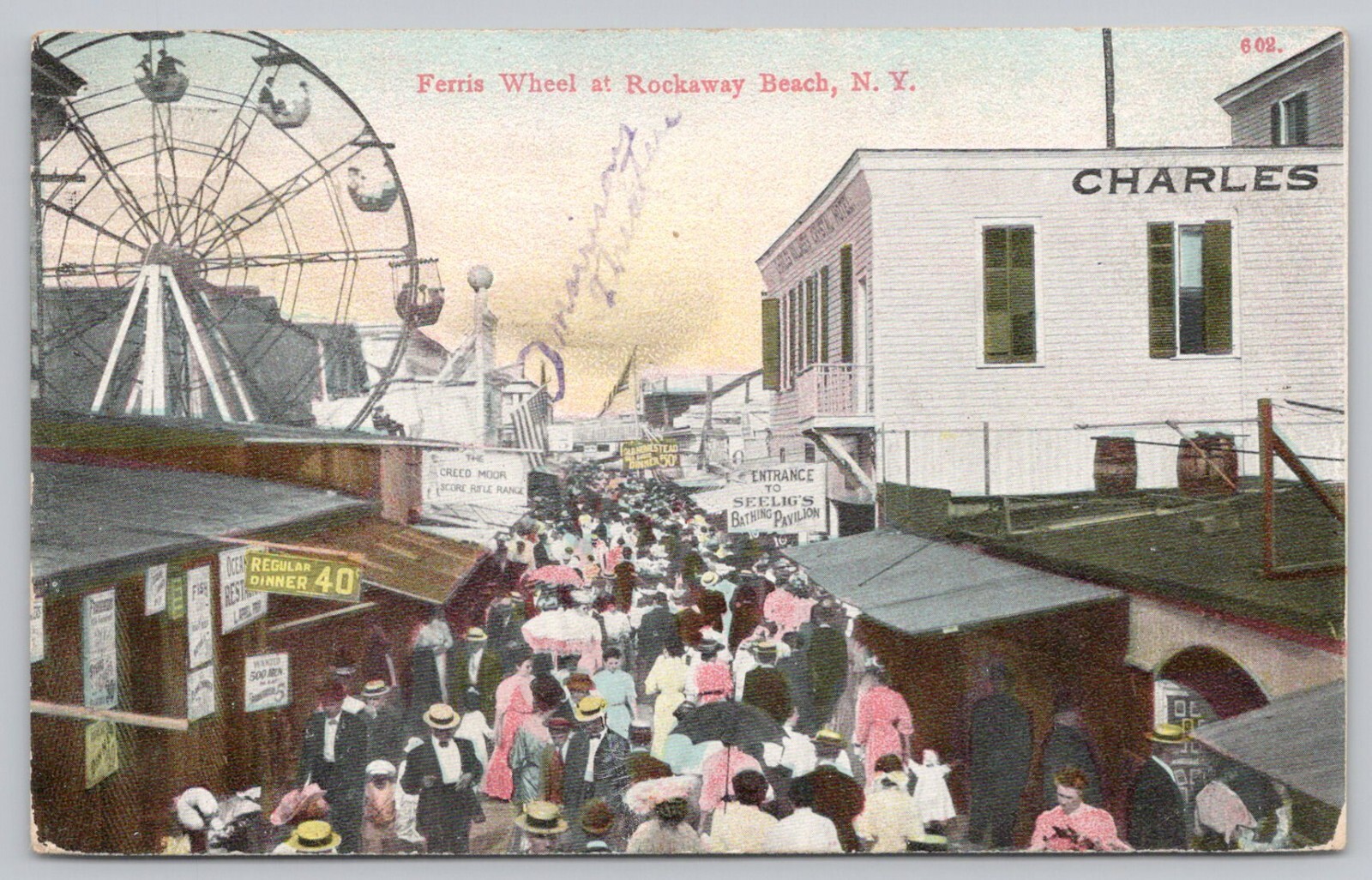 Postcard Ferris Wheel at Rockaway Beach New York, Posted 1908, Amusement Park
