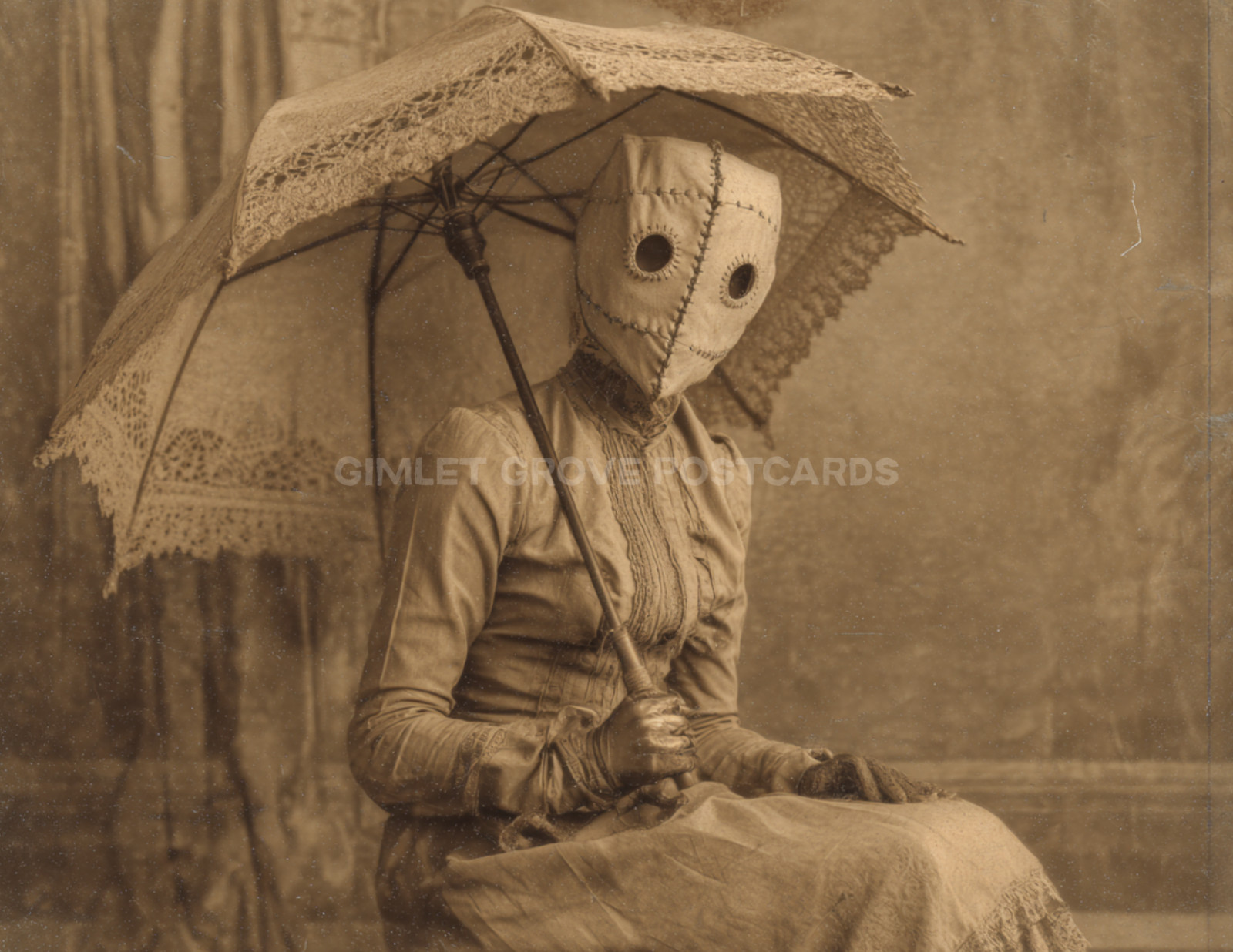 Creepy Masked Woman with Parasol Portrait Retro Halloween Postcard 5.5×4.25″