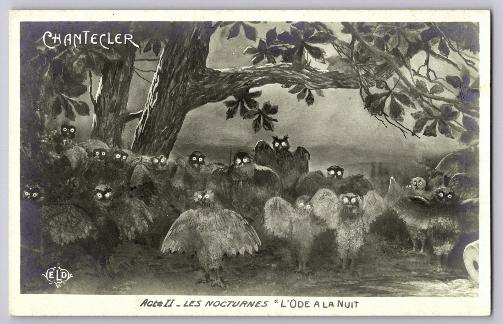 Antique Halloween RPPC Spooky Owls Creepy Glowing Eyes Moon L’Ode A La Nuit 1910