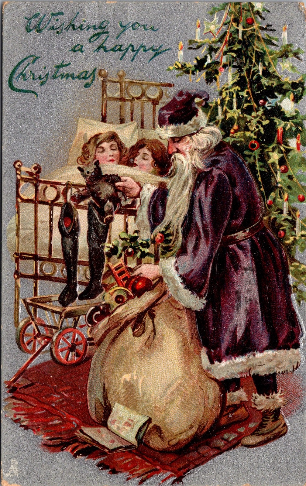 Antique Christmas Postcard Purple Suited Santa Visiting Sleeping Children c1908