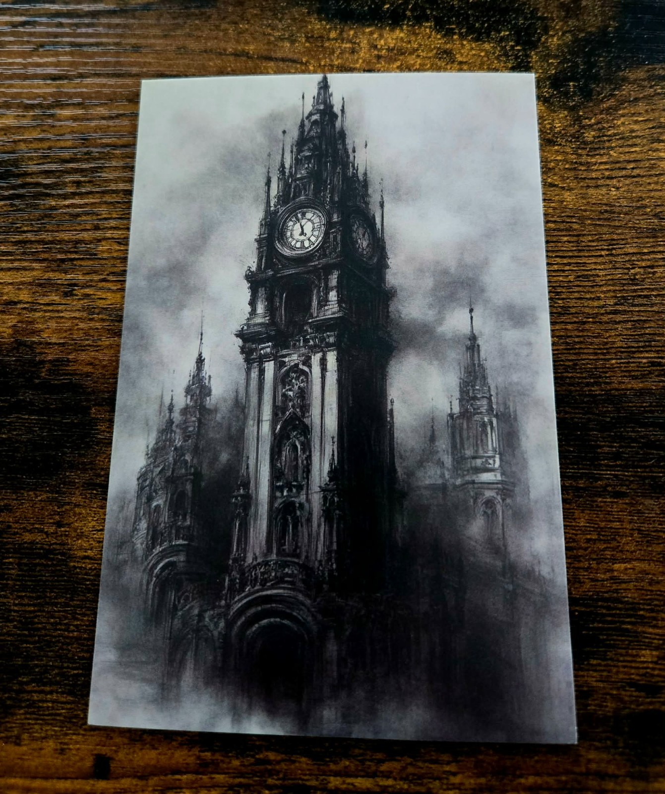 Dark Cathedral Clock Tower Postcard Gothic Architecture Vintage Style