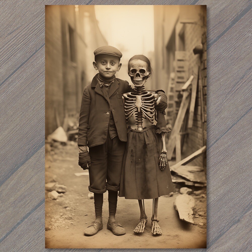 POSTCARD Weird Creepy Skeleton Children Boy Girl Halloween Cult Kids Unusual