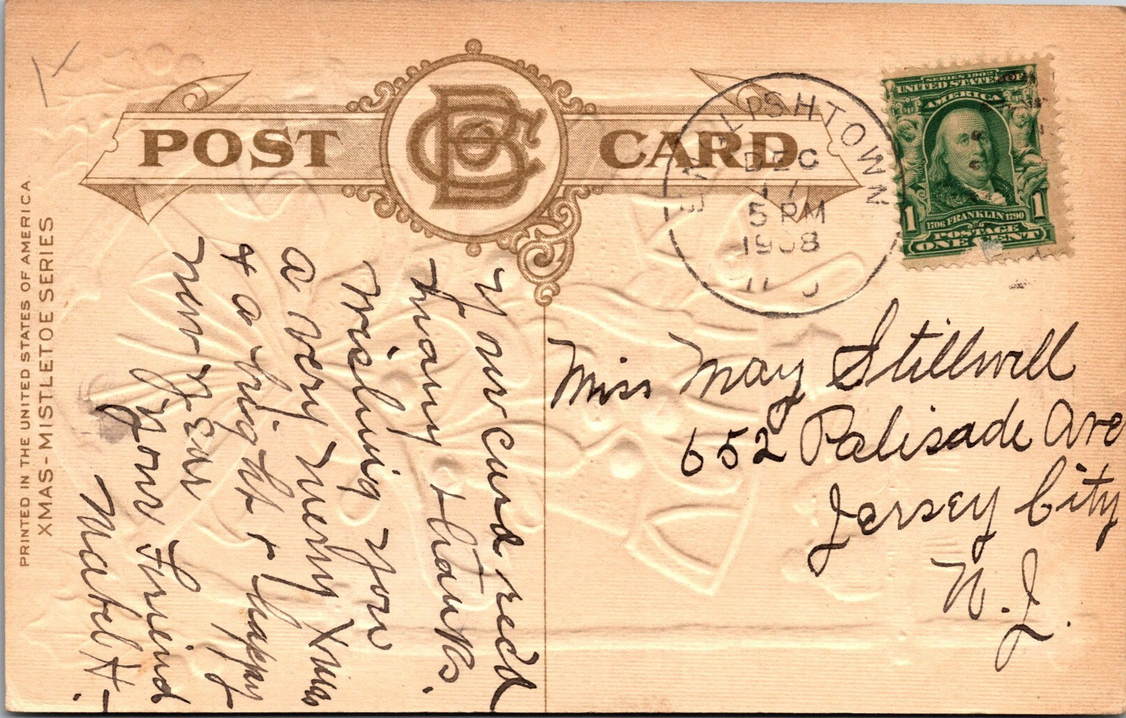 Merry Christmas Holly Bell Vintage Old Embissed Postcard c1908