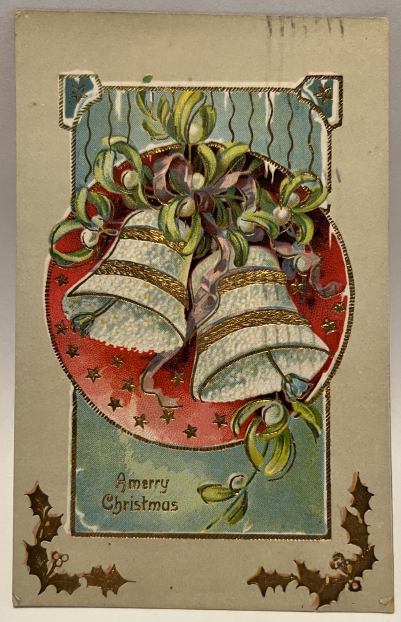 1911 A Merry Christmas, Bells, Gold Gild, Vintage Gel Postcard