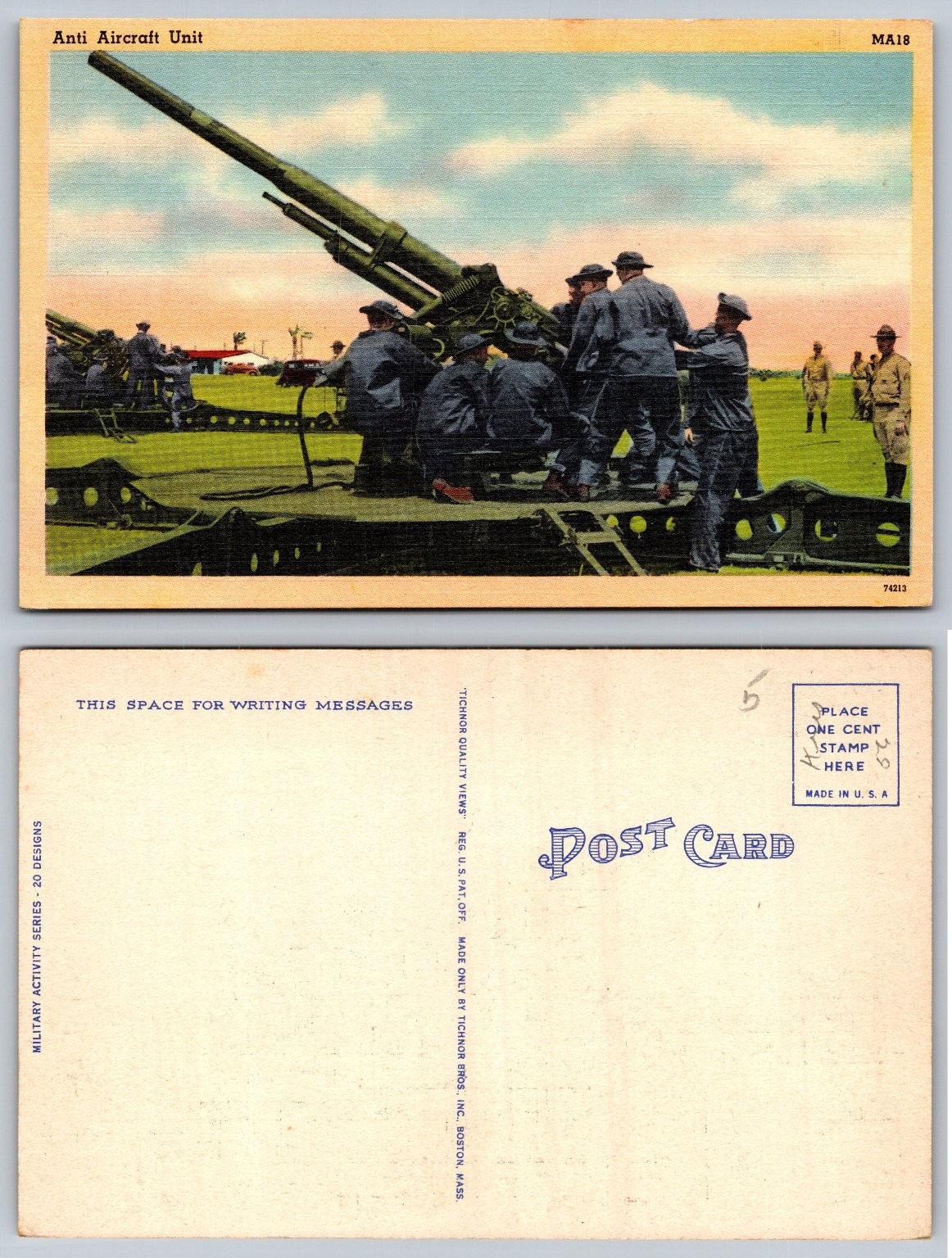 WWII Era Anti Aircraft Unit Linen Postcard Tichnor Bros Military Activity