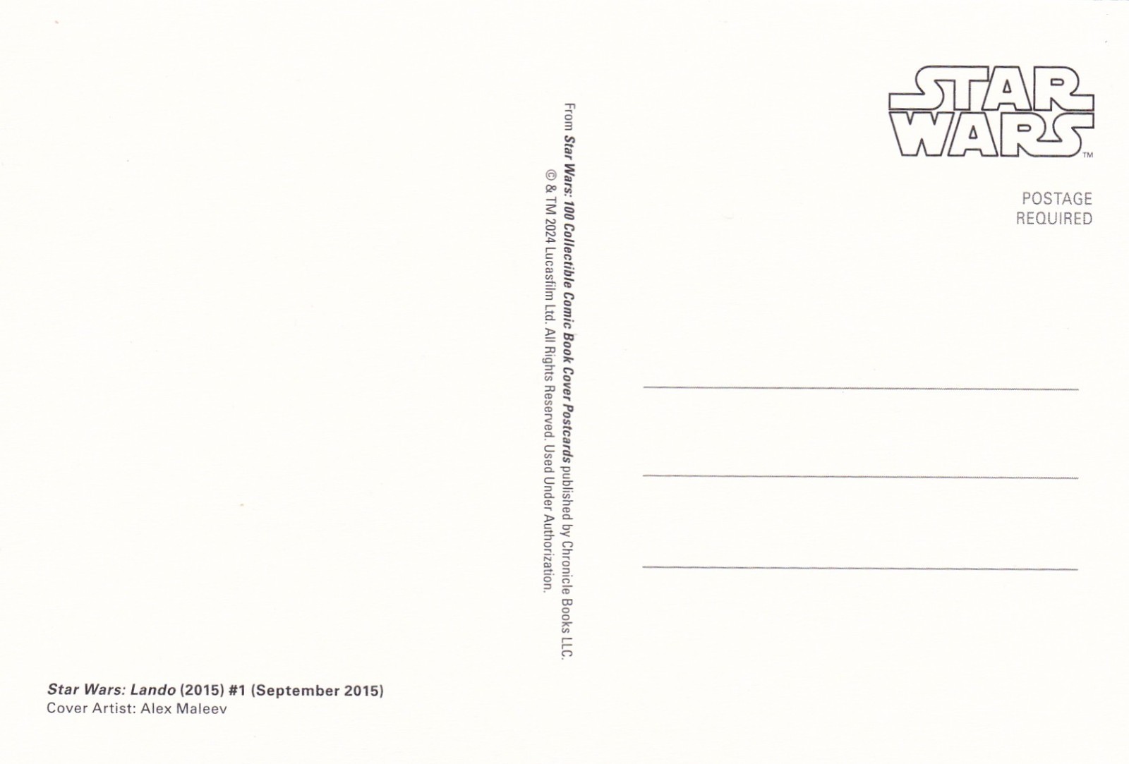 Star Wars #1 Issue Lando Marvel Comic Book Cover 2015 Postcard 2024