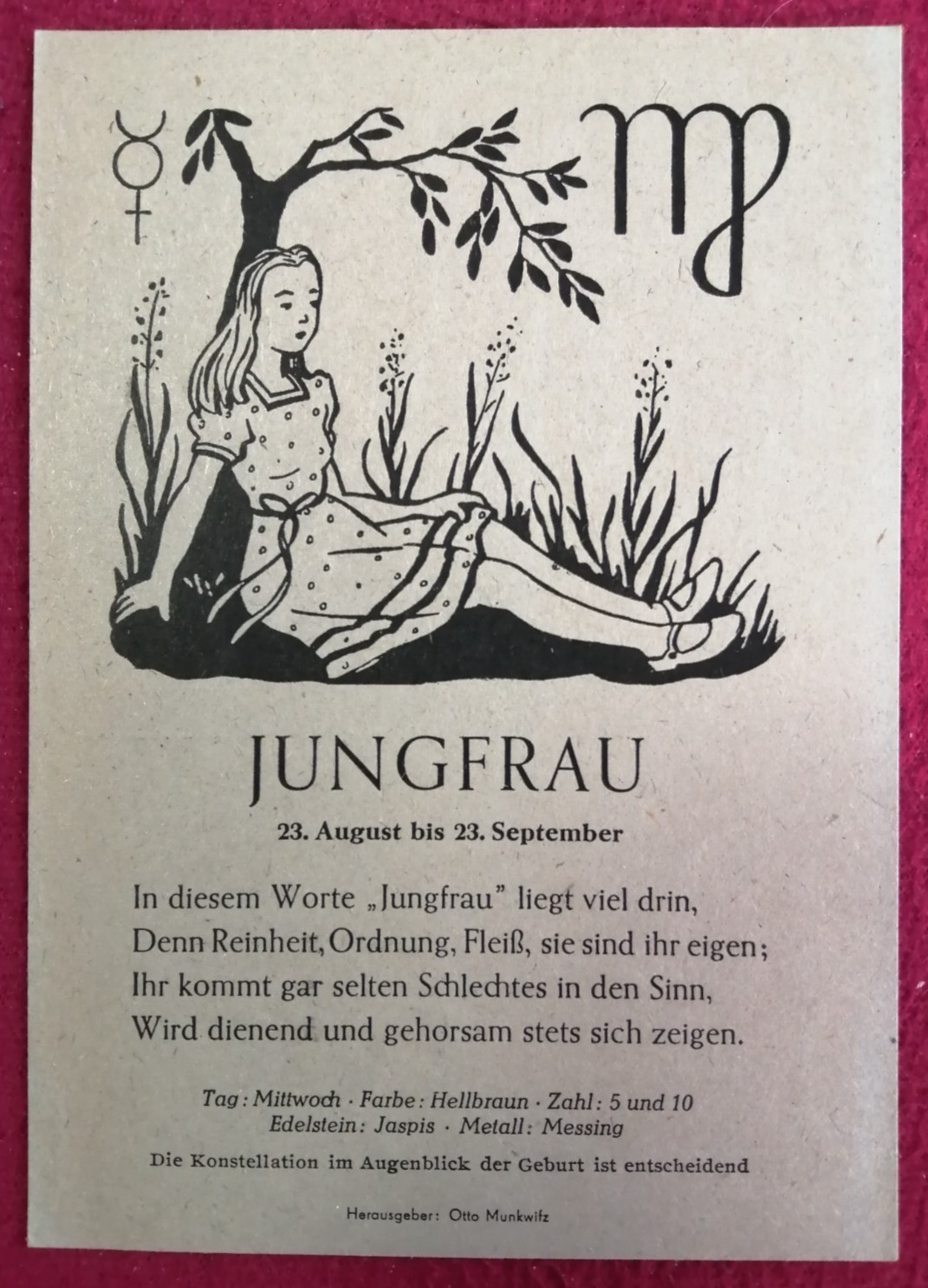 Postcard Virgo – Zodiac Sign, Probably 1930s or 1940s
