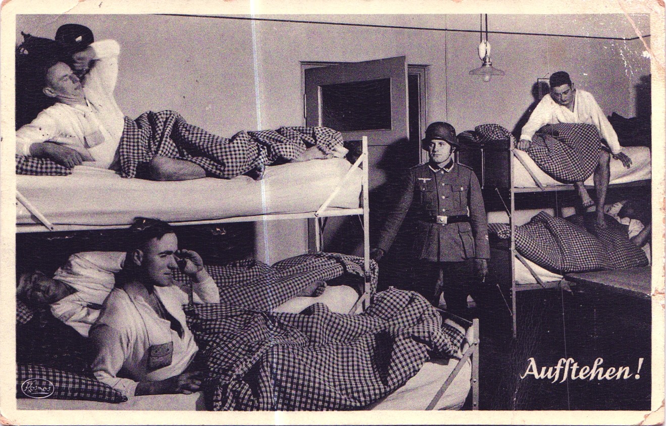 AUFFTEHEN! nazy ww2 army original antique postcard soldiers barracks humor