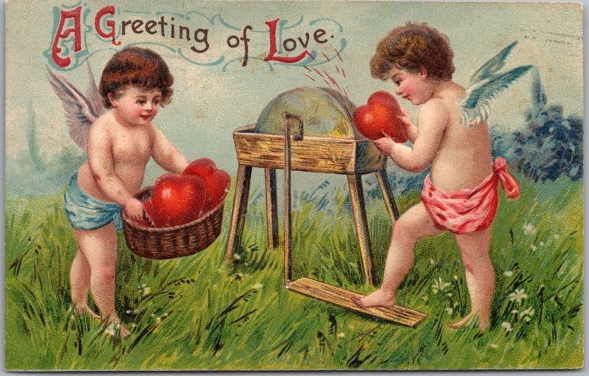 VALENTINE’S DAY Embossed Postcard Cupids at Grinding Wheel / Hearts -1912 Cancel