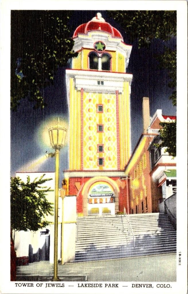 Denver, CO Colorado LAKESIDE AMUSEMENT PARK~TOWER OF JEWELS/Night LINEN Postcard