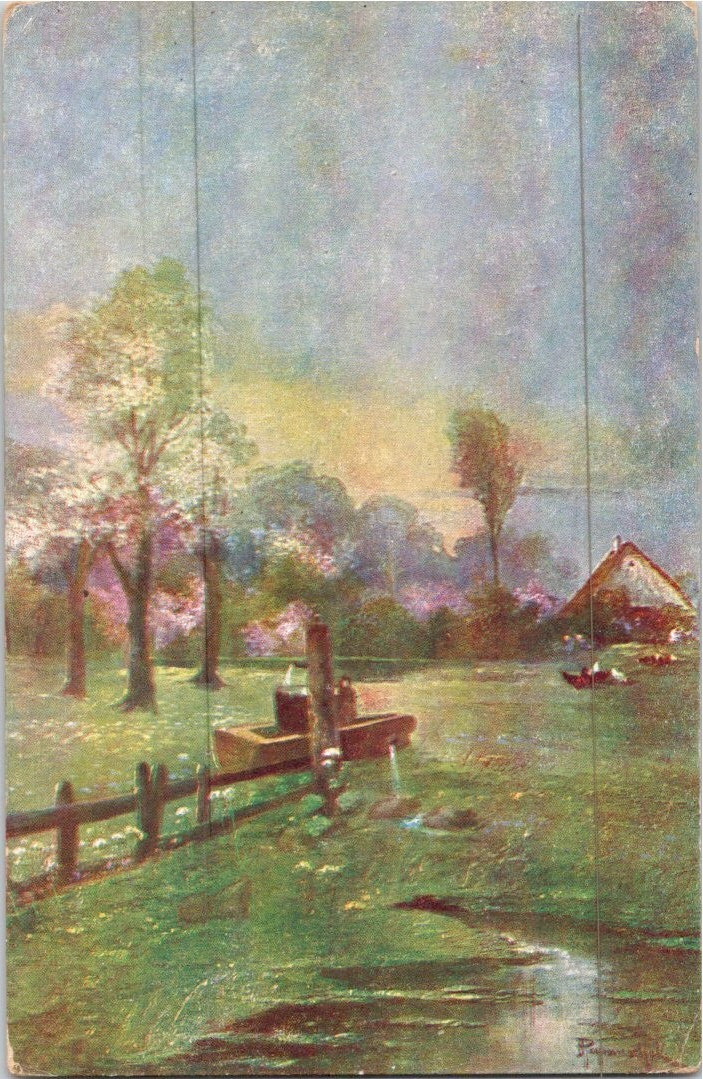1917 German Pastoral Landscape Art Postcard Fence Bench Trees WWI Era Posted