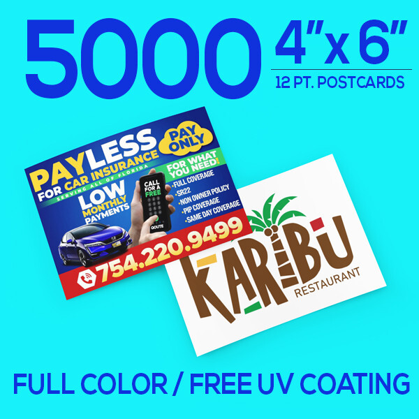 5000 POSTCARDS 4×6 Full Color UV Coating 12pt