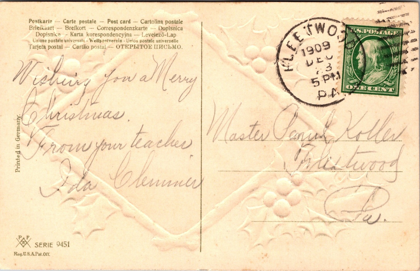 Merry Christmas Jesus May and Joseph Embossed Postcard c1909