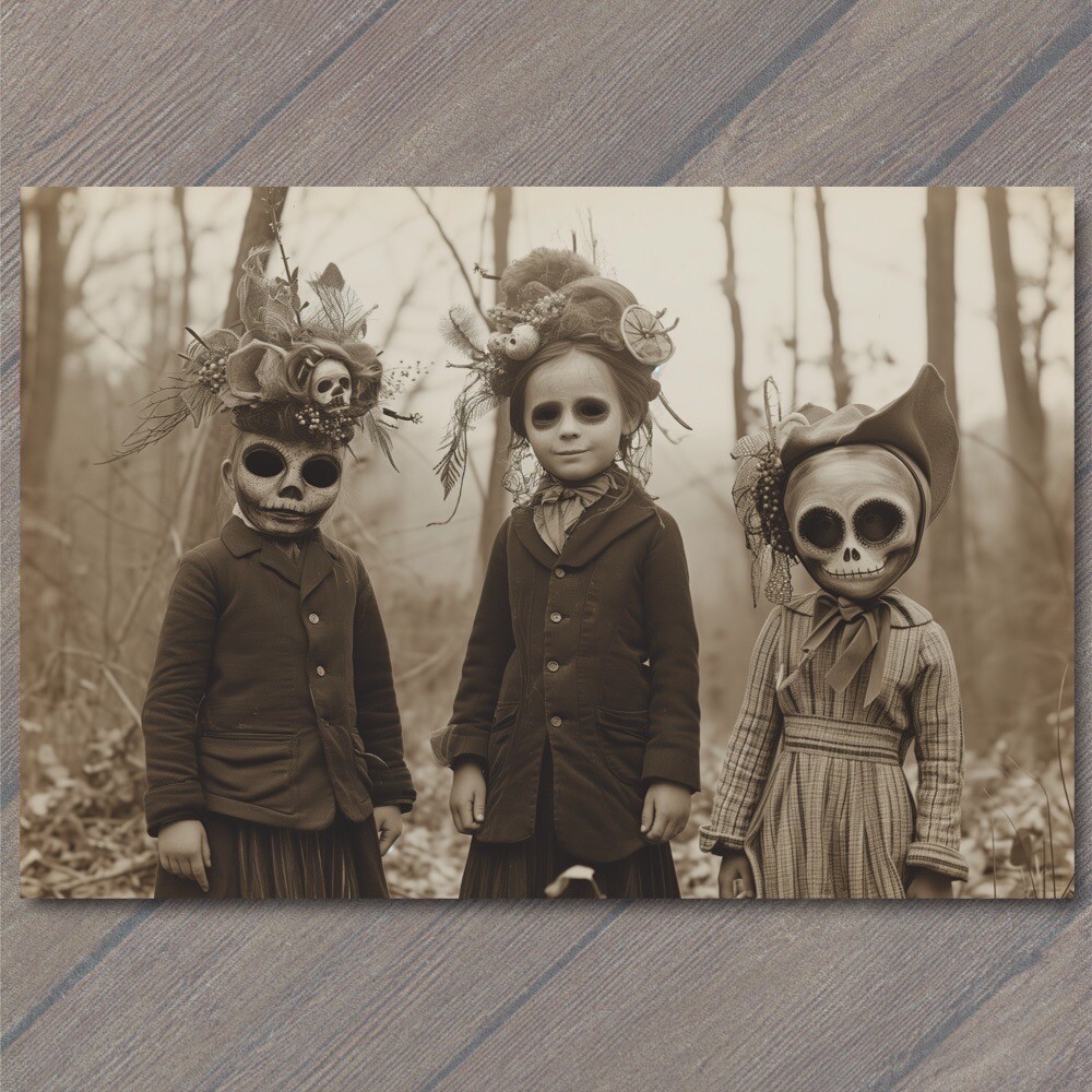 POSTCARD Weird Creepy Vibe Kids Girls Mask Hats Halloween Unusual Strange Cult