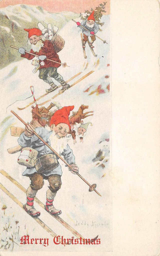 Gnomes Elves Skiing MERRY CHRISTMAS Fantasy Jenny Nyström Art 1900s Nystrom