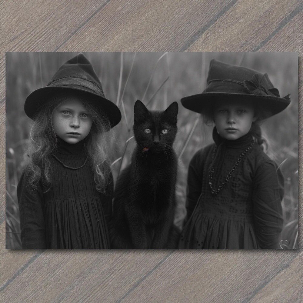 POSTCARD Girl Black Cat Weird Creepy Pet Old Vibe Unusual Cute Scary Strange Fun