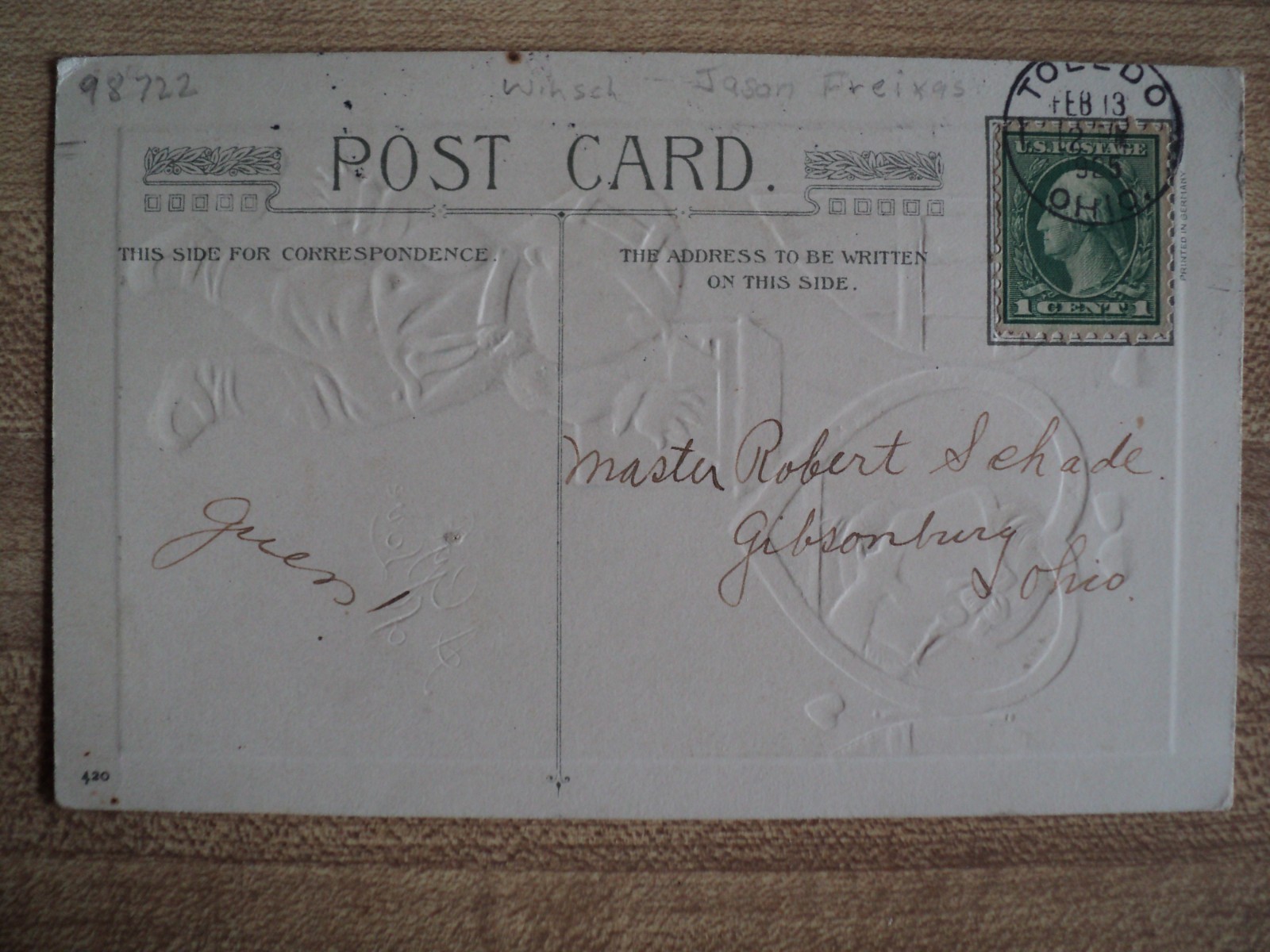 VALENTINE’s Day Boy puts Card in Mailbox vintage Winsch 420 embossed Postcard
