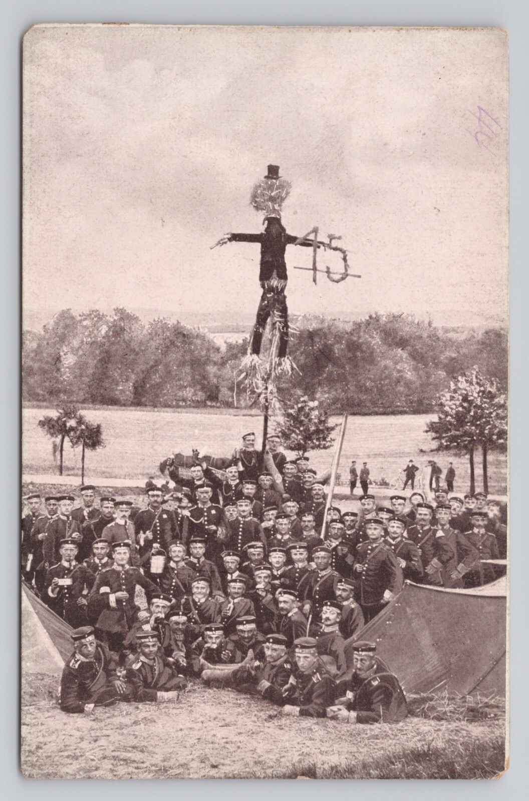 WWI German Army Unit Posed with Scarecrow Effigy Blank Back Postcard
