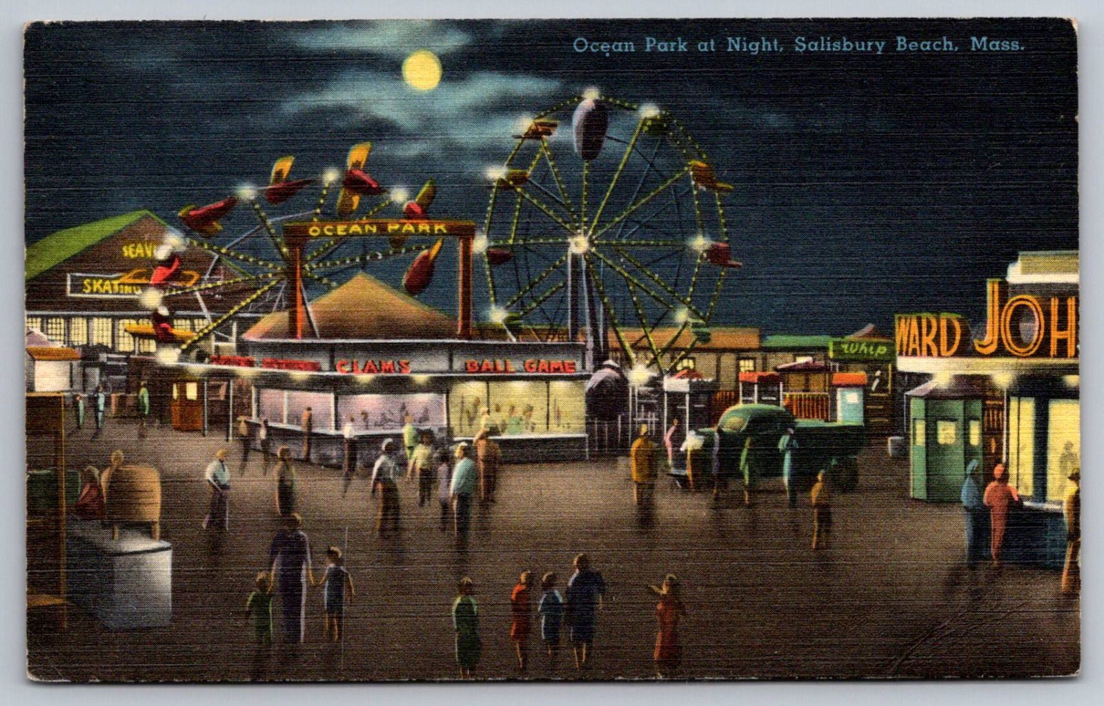 Ocean Park Amusement Park at Night Salisbury Beach MA Massachusetts c.1950