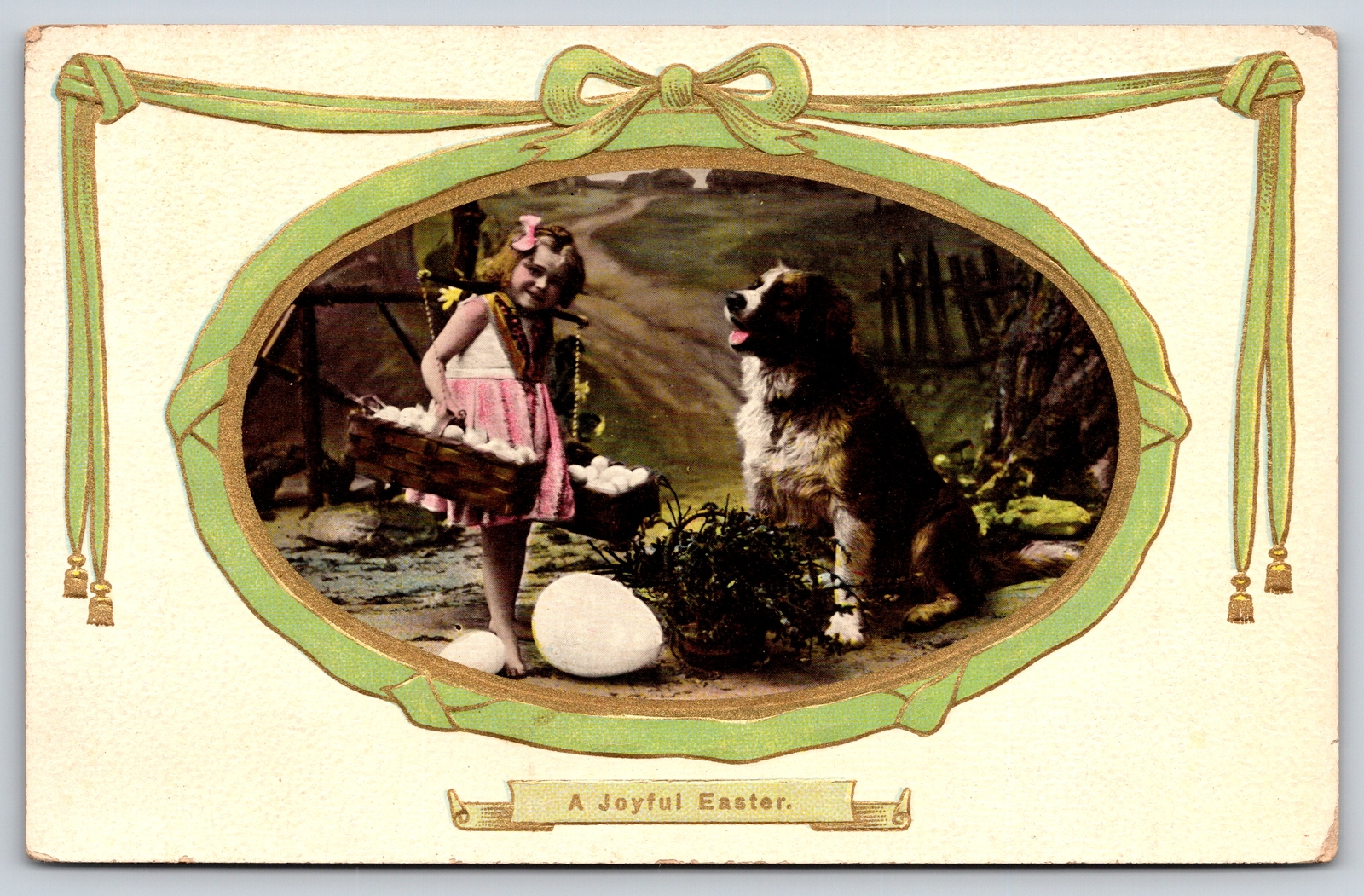 Holiday~Joyful Easter Fantasy~Girl w/Exaggerated Egg~Dog~United Art Postcard
