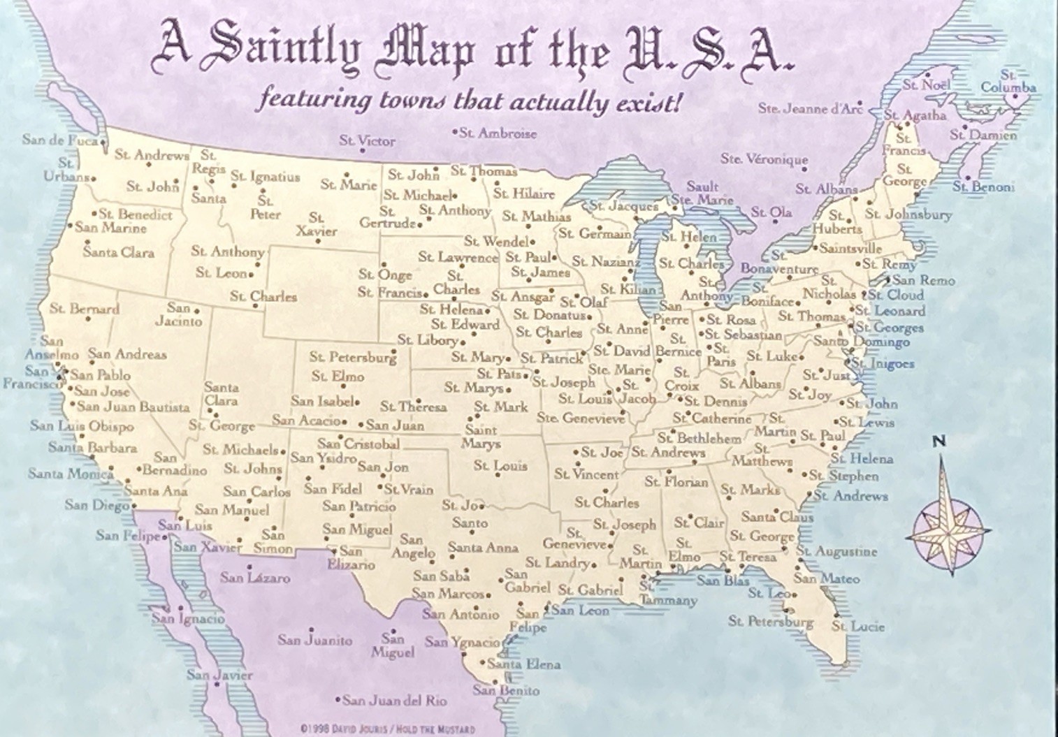 A Saintly Map of The USA- Towns That Actually Exist, Funny Vintage Postcard -new