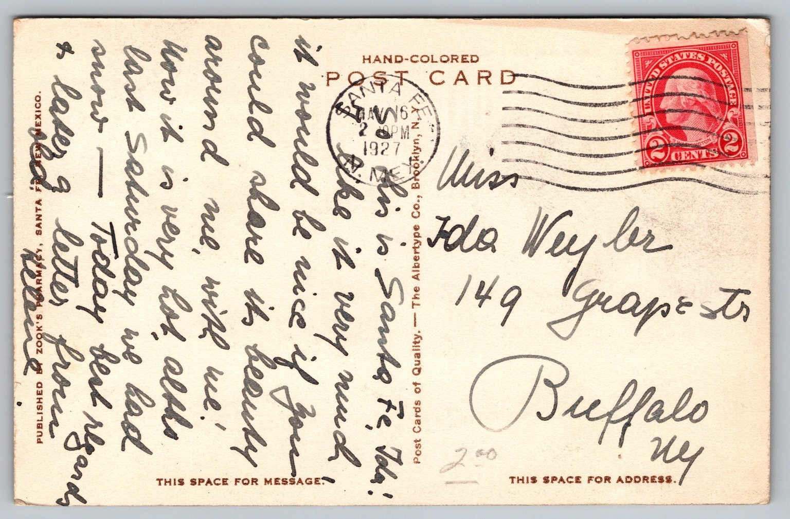 Birds Eye View Santa Fe New Mexico Postcard 1927 Hand Colored Albertype