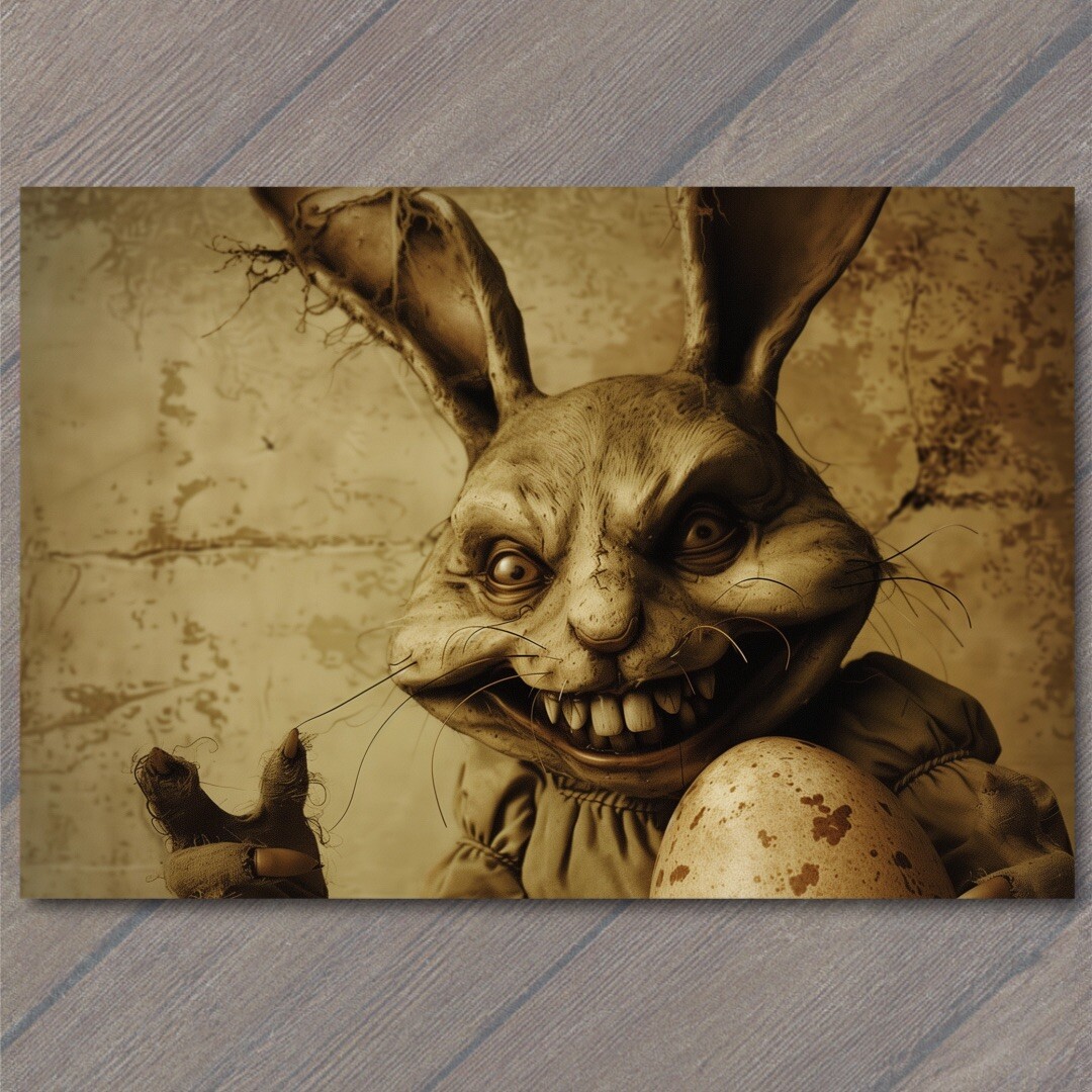 POSTCARD Rabbit Weird Creepy Vibe Easter Bunny Scary Mask Cult Strange Unusual