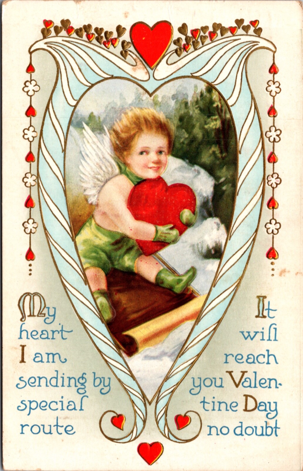 Valentine’s Day Postcard Cherub Angel Holding Heart on Sled Through Snow