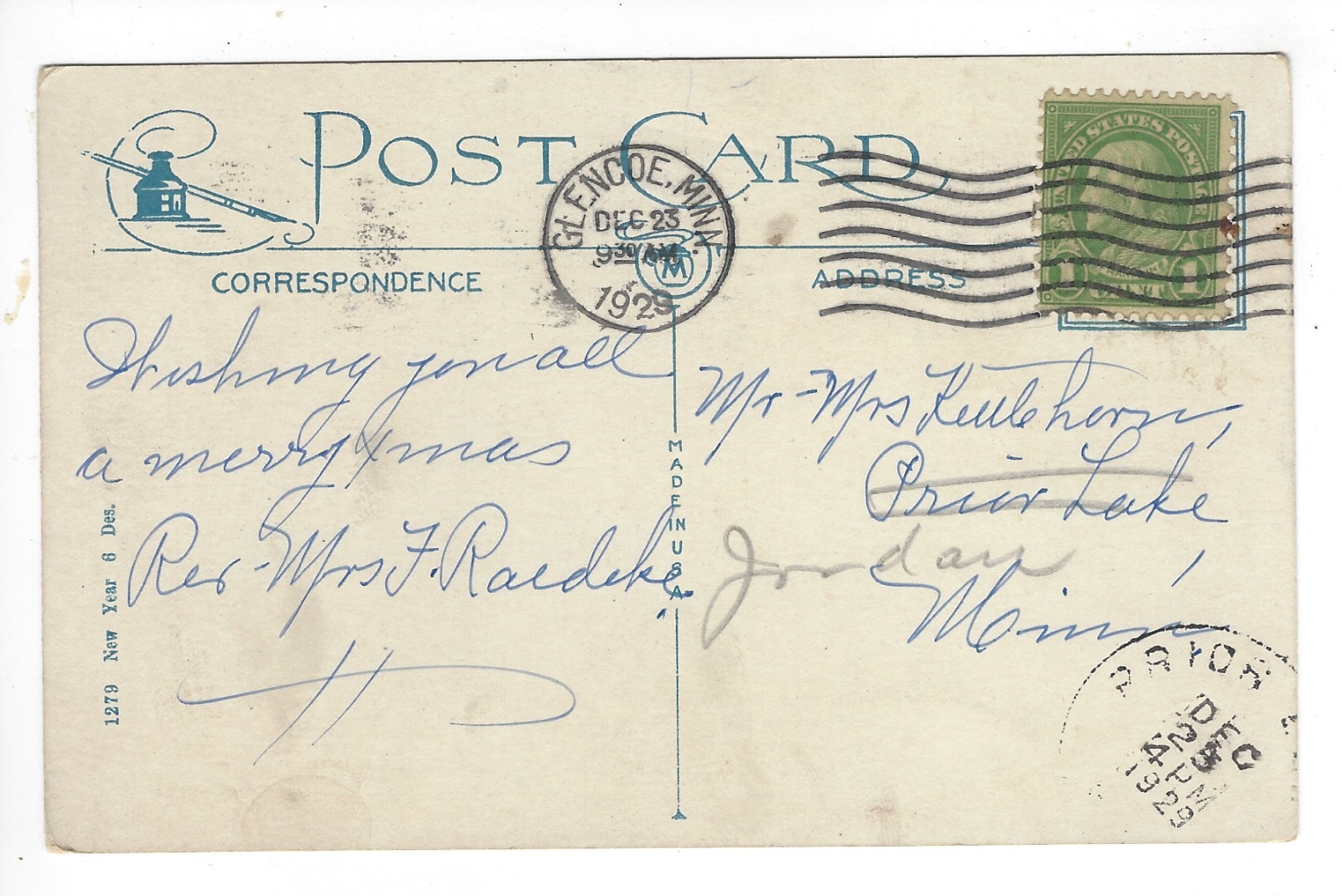 Postcard Divided Back USA New Year 1929 PM 1 Cent Stamp